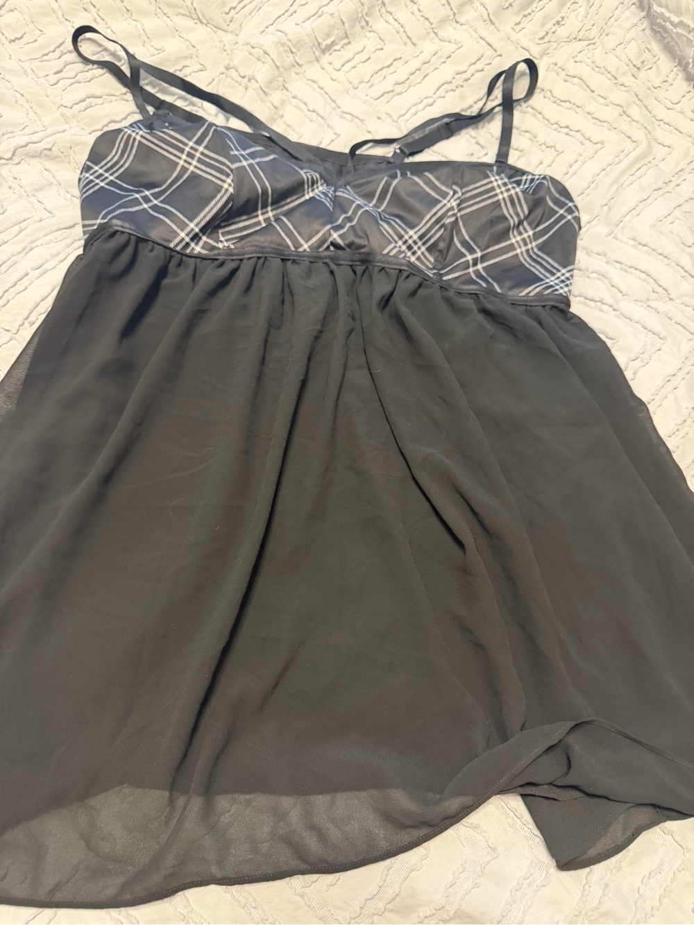 Sheer Black Plaid-Bust Chiffon Chemise with Adjustable Straps